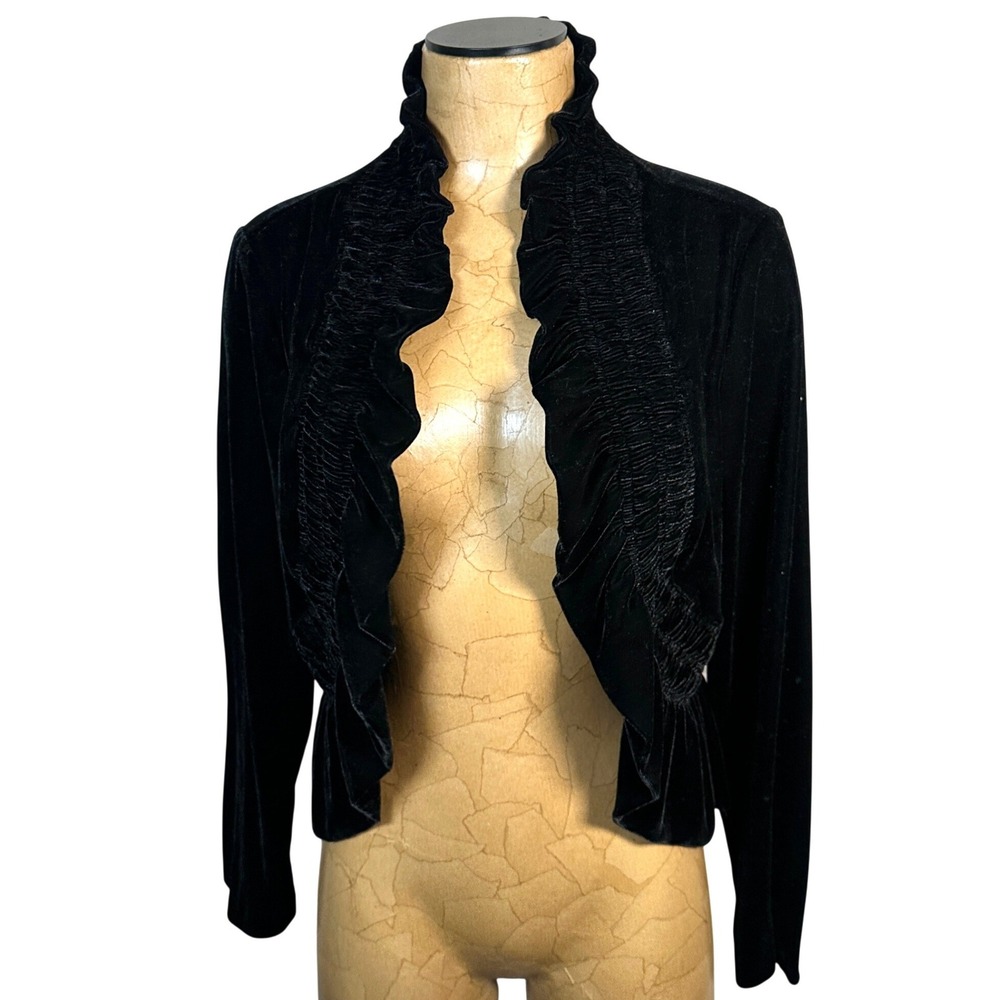 Black Velvet Goth Vamp Witchy Ruffle Open Front Bolero Shrug Jacket Victorian
